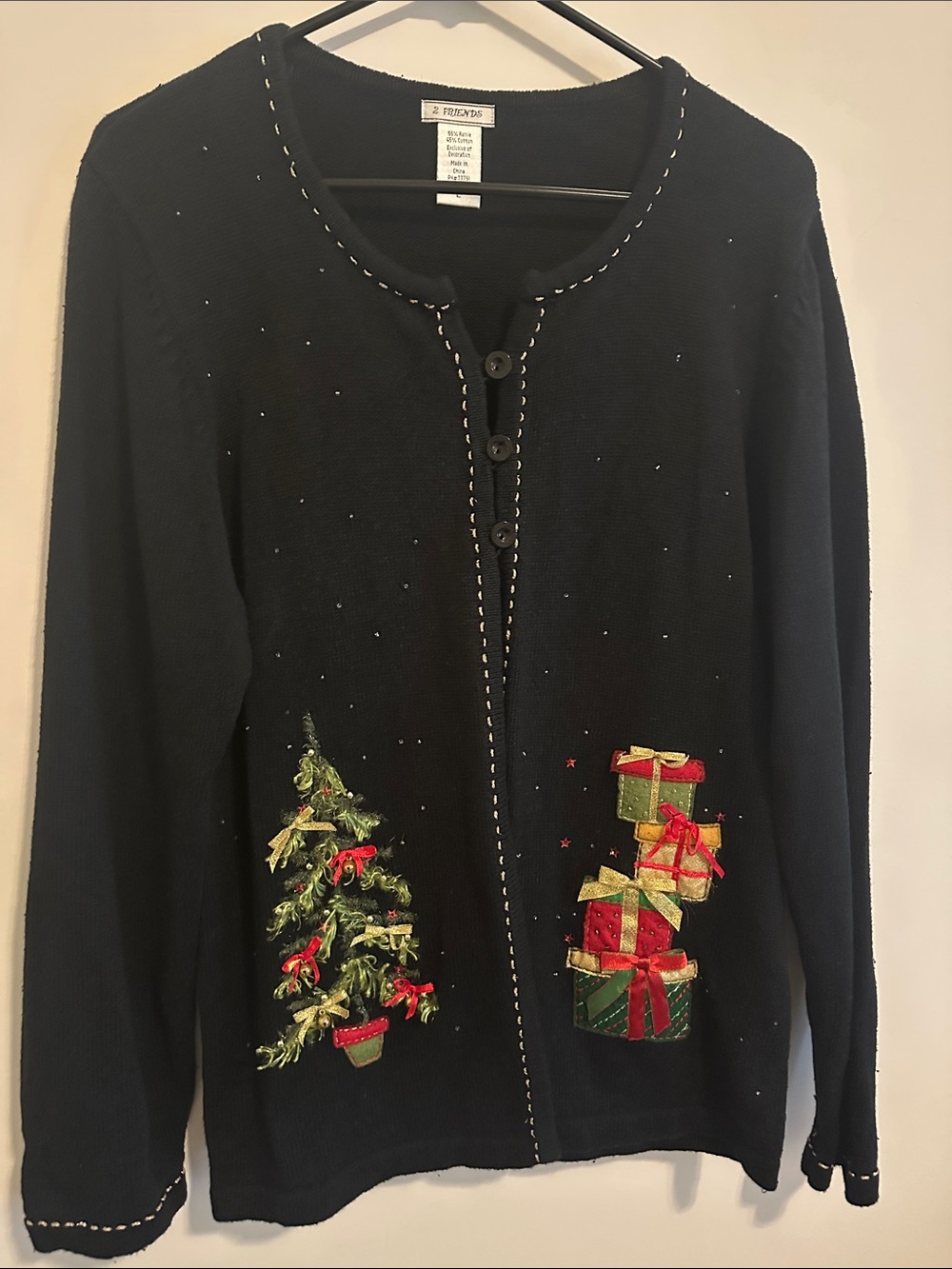Vintage Black Embroidered Christmas Tree & Stacked Presents Cardigan